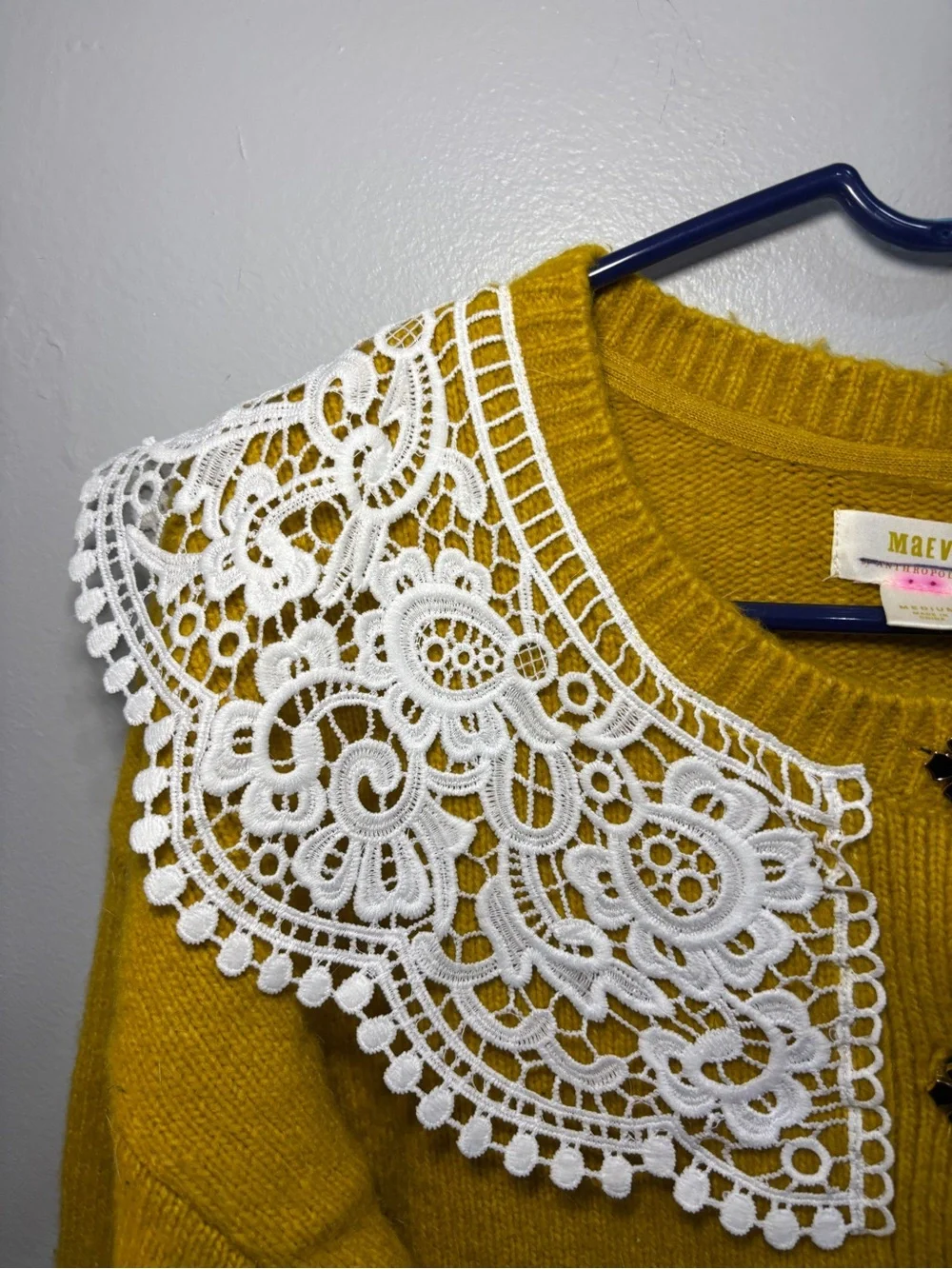 RARE Anthropologie Maeve Mustard Yellow Lace Collar Cardigan Sweater Size M